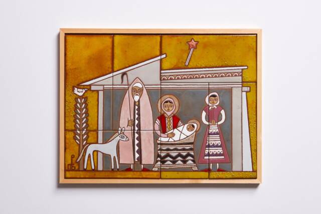 Nativity Scene Ceramic Tile Mural Greek Folk Art Colorful Christmas Holiday Decor Rustic Wall Plaque Manger Outdoor - image 1
