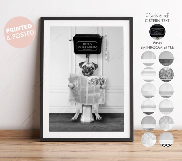 Black & White Print Fawn Pug On Toilet With Newspaper, Victorian Toilet, Funny Bathroom Print, Dog Wall Art, Gift - image 1