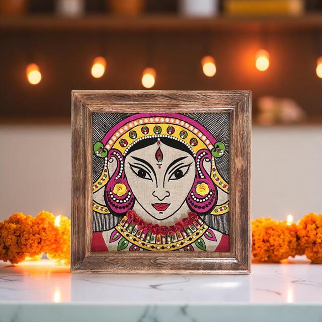 Embroidered Durga Wall Art, Indian Goddess, Ethnic Linen Decor - image 1