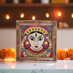 Embroidered Durga Wall Art, Indian Goddess, Ethnic Linen Decor - thumbnail 1
