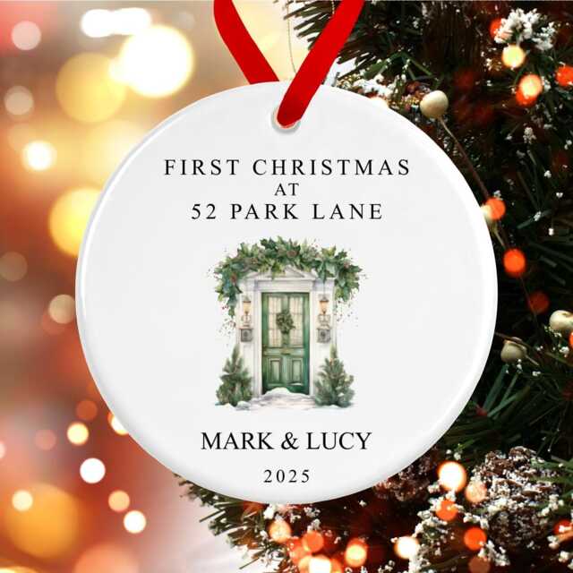 First Christmas At Your New Home Decoration - Personalised Names & Address Ornament Green Door Ceramic Bauble Housewarming Gift - image 1