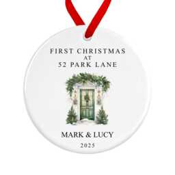 First Christmas At Your New Home Decoration - Personalised Names & Address Ornament Green Door Ceramic Bauble Housewarming Gift - thumbnail 2