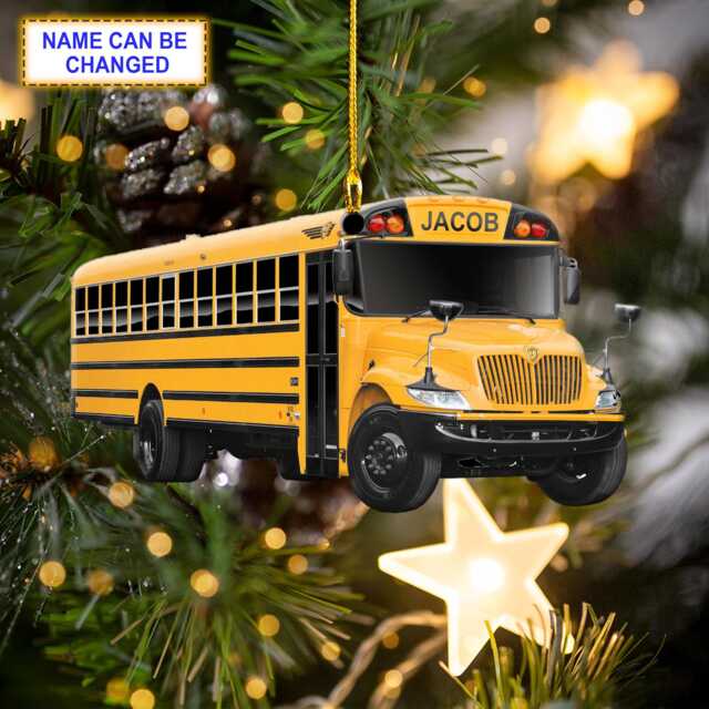Custom Name School Bus Christmas Ornament Vehicle, Tree Hanging Decor, Flat 2D Acrylic/Wooden, Driver Gift - image 1