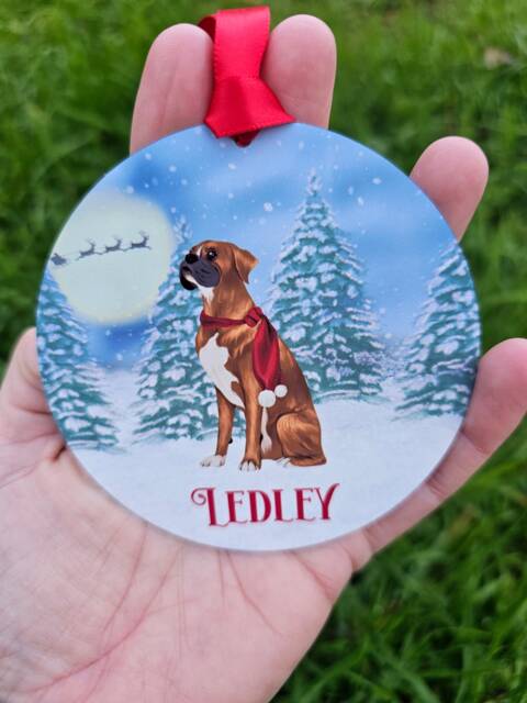 Personalised Christmas Tree Decoration, Metal Hanging Ornament, Xmas Boxer Dog Dec, Tan Ginger Brown - image 1
