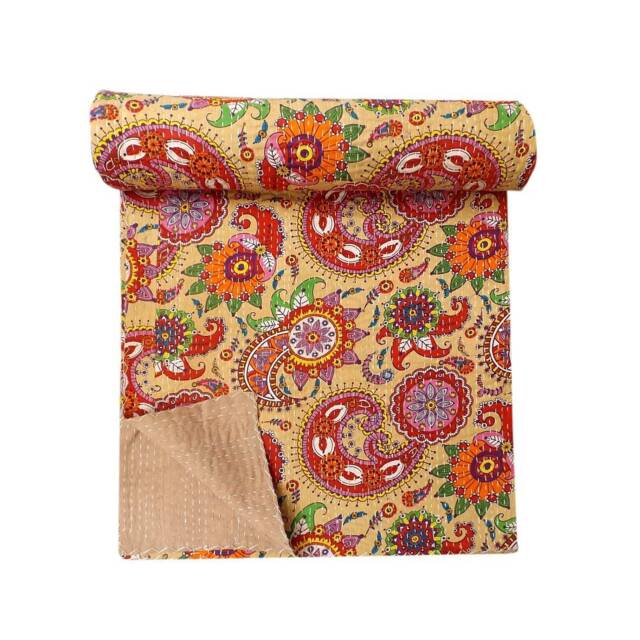 Handmade Kantha Quilt Bohemian Floral Queen Bedspread - image 1