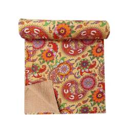 Handmade Kantha Quilt Bohemian Floral Queen Bedspread - thumbnail 1