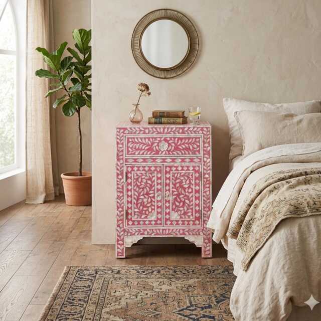 Handmade Mother Of Pearl Inlay Pink Floral Pattern Bedside Table, End Accent Cabinet - image 1
