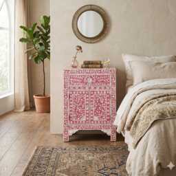 Handmade Mother Of Pearl Inlay Pink Floral Pattern Bedside Table, End Accent Cabinet