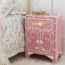 Handmade Mother Of Pearl Inlay Pink Floral Pattern Bedside Table, End Accent Cabinet - thumbnail 3