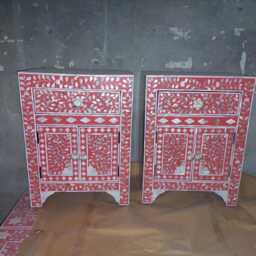Handmade Mother Of Pearl Inlay Pink Floral Pattern Bedside Table, End Accent Cabinet - thumbnail 4