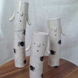 Bella Bud Vase - Halloween Themed Handmade Ceramic Face Pumpkin Spider - thumbnail 2