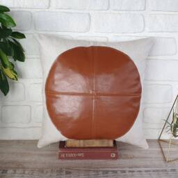 Cognac Faux Leather-Linen Fabric Design - Round Shape Pillow Cover-Scandinavian Homes/Housewarming Gift-1Pcs - thumbnail 3