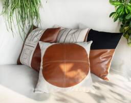 Cognac Faux Leather-Linen Fabric Design - Round Shape Pillow Cover-Scandinavian Homes/Housewarming Gift-1Pcs - thumbnail 1