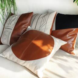 Cognac Faux Leather-Linen Fabric Design - Round Shape Pillow Cover-Scandinavian Homes/Housewarming Gift-1Pcs - thumbnail 4