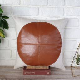 Cognac Faux Leather-Linen Fabric Design - Round Shape Pillow Cover-Scandinavian Homes/Housewarming Gift-1Pcs - thumbnail 2