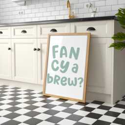 Fancy A Brew Print - Sage Green Kitchen Prints, Quote, Quirky Fun Colourful Wall Art, Cuppa Drink Trendy Gift, Kettle On - thumbnail 2