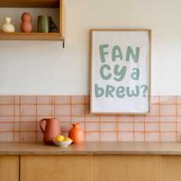 Fancy A Brew Print - Sage Green Kitchen Prints, Quote, Quirky Fun Colourful Wall Art, Cuppa Drink Trendy Gift, Kettle On - thumbnail 1
