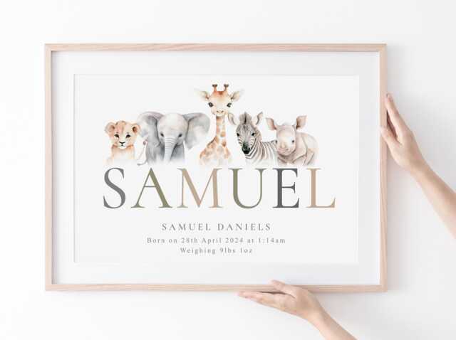New Baby Gift - Safari Name Print Personalised Name Print Safari, Jungle, Elephant, Giraffe, Zebra, Lion, Tiger, Jungle - image 1