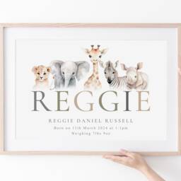 New Baby Gift - Safari Name Print Personalised Name Print Safari, Jungle, Elephant, Giraffe, Zebra, Lion, Tiger, Jungle - thumbnail 3