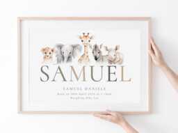 New Baby Gift - Safari Name Print Personalised Name Print Safari, Jungle, Elephant, Giraffe, Zebra, Lion, Tiger, Jungle - thumbnail 1