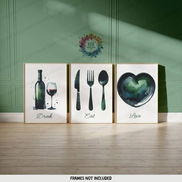 Kitchen Dining Print - Set Of 3 Prints - Green Watercolor Posters Food & Drink Wall Art Home Decor Pictures For Room - image 1