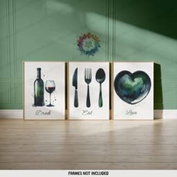 Kitchen Dining Print - Set Of 3 Prints - Green Watercolor Posters Food & Drink Wall Art Home Decor Pictures For Room - thumbnail 1