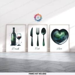 Kitchen Dining Print - Set Of 3 Prints - Green Watercolor Posters Food & Drink Wall Art Home Decor Pictures For Room - thumbnail 2