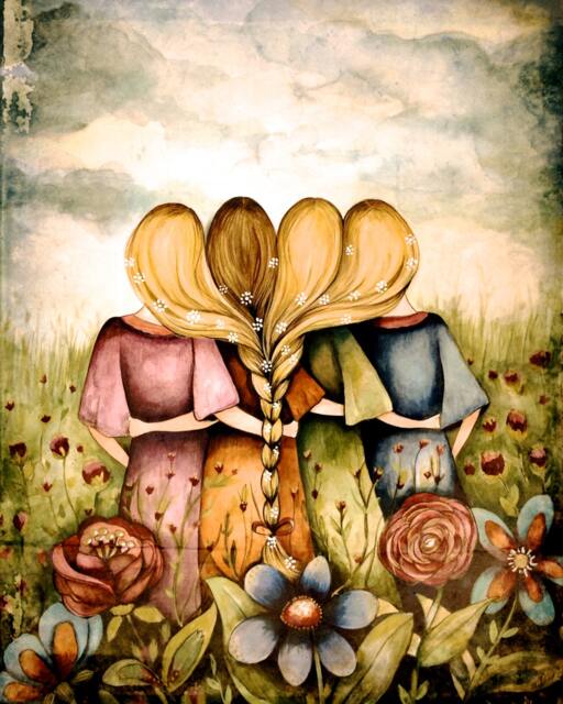 Four Sisters Art Print, Friends Bridesmaids Gift, Woman Artwork