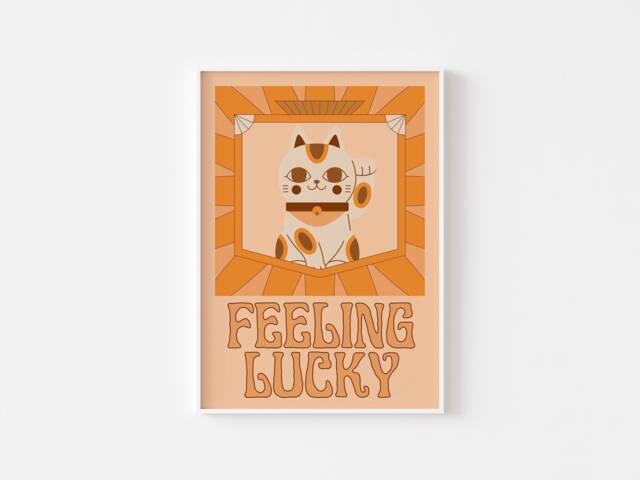 Fortune Cat Print Retro 70S Japanese Art Deco - Satin Lustre - image 1