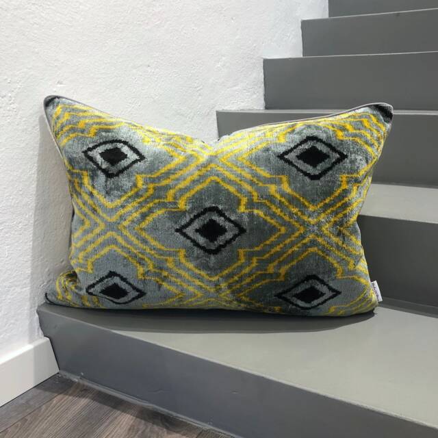 "Velvet Ikat Pillow Cover Yellow Vibes - Decorative Cushion For Sofa Or Bed - 16""x16" - image 1