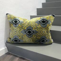 "Velvet Ikat Pillow Cover Yellow Vibes - Decorative Cushion For Sofa Or Bed - 16""x16" - thumbnail 1