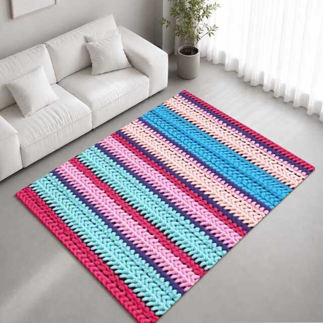 Pink Blue Chunky Knitted Stripe Rug Non-Slip Soft Area Carpet Bedroom Living Room Hallway Mat Decor - Made in UK - image 1