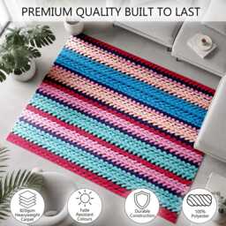 Pink Blue Chunky Knitted Stripe Rug Non-Slip Soft Area Carpet Bedroom Living Room Hallway Mat Decor - Made in UK - thumbnail 3