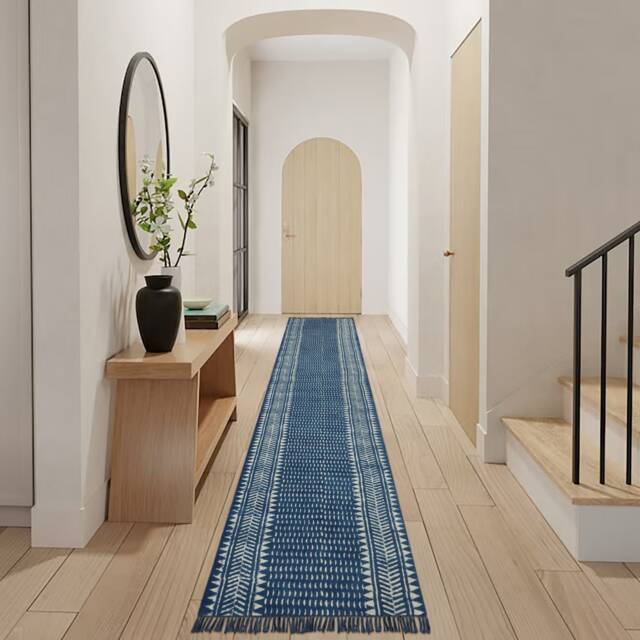 Indian Cotton Runner Rug Indigo Dabu Print, Custom Size - image 1