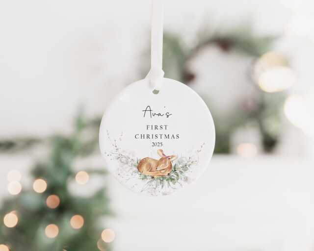 Personalised Baby's First Christmas Decoration - Keepsake Bauble Gift Ceramic Ornament 1st Deer - image 1