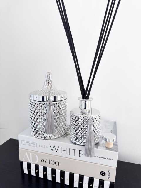Luxury Silver Bohemian Geometric Fragranced Soy Candle 450 Grams, & Coordinating Flower Diffuser, 200 Ml Diffuser. Birthday Gift - image 1