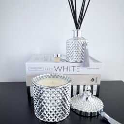 Luxury Silver Bohemian Geometric Fragranced Soy Candle 450 Grams, & Coordinating Flower Diffuser, 200 Ml Diffuser. Birthday Gift - thumbnail 2