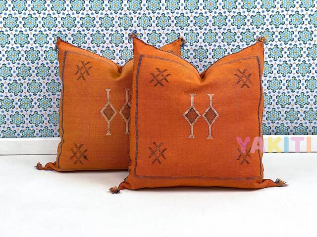 Yakiti-Orange Square Moroccan Pillows 20x20, Aka Cactus Silk Pillow, Decorative Pillows, Sabra Pillows, Decor Designer Cactus Silk - image 1