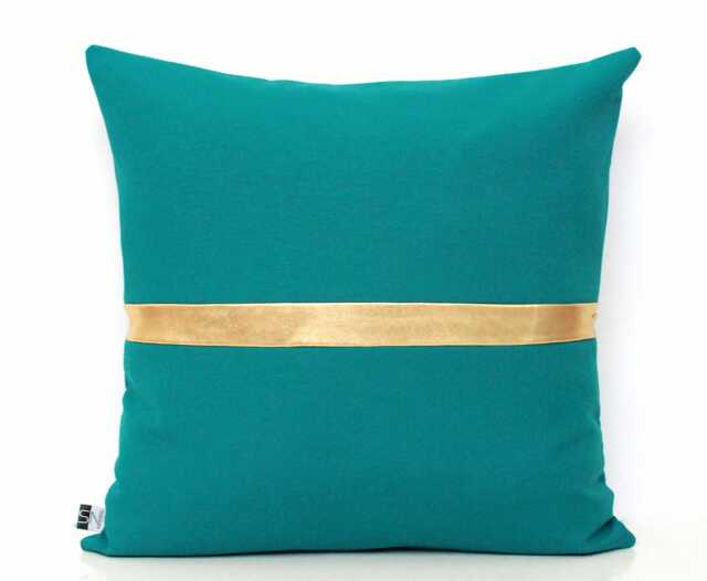 Dark Teal & Metallic Gold Colorblock Pillow Covers - All Sizes Custom Stripe Color, Home Gifts For You - image 1