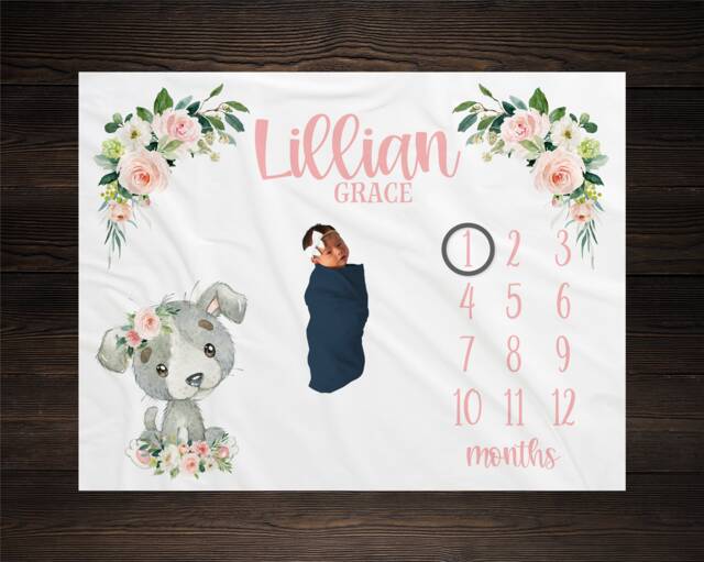 Puppy Dog Milestone Blanket, Monthly Growth Tracker, Baby Shower Gift For Mom To Be, Personalized Custom Gift, Keepsake - image 1