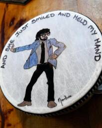 Hand Drawn Jarvis Cocker On A Tambourine With Handwritten Lyrics To Common People - thumbnail 1