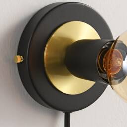 Black Plug in Wall Sconce Light With Brushed Brass Ring - Flush Mount Lamp Fixture Mid Century Industrial Modern Edison Bulb Lighting - thumbnail 2