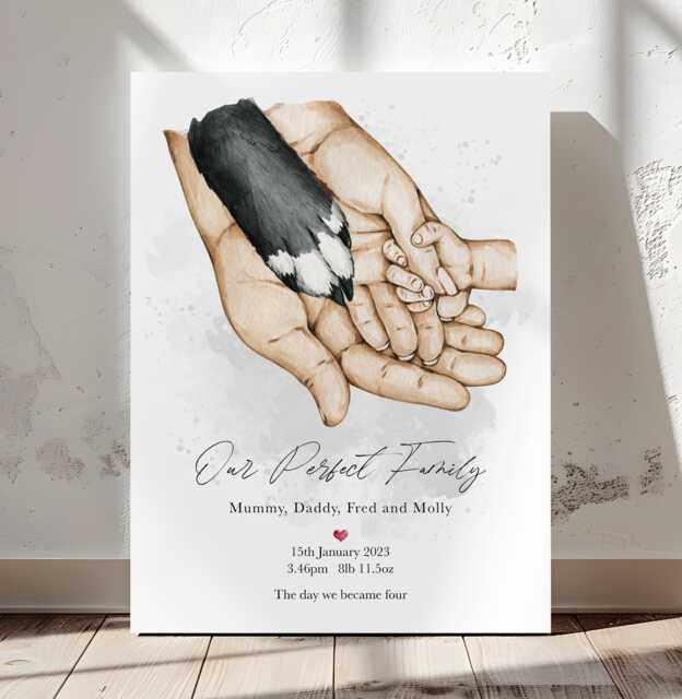 Personalised Family Print - Hand & Paw Art New Baby Birth Announcement Custom Keepsake Nursery Wall Decor Gift Idea - image 1