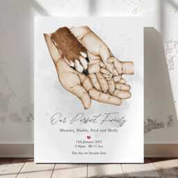 Personalised Family Print - Hand & Paw Art New Baby Birth Announcement Custom Keepsake Nursery Wall Decor Gift Idea - thumbnail 2