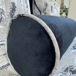 Black Bolster Cushion, Velvet Pillow - Marble Piping, Decorative Bed Cushion Bedding Decor Handmade - thumbnail 3
