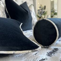 Black Bolster Cushion, Velvet Pillow - Marble Piping, Decorative Bed Cushion Bedding Decor Handmade - thumbnail 4