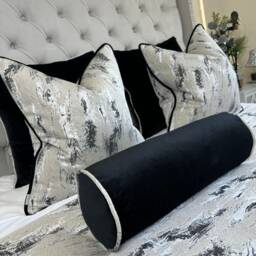 Black Bolster Cushion, Velvet Pillow - Marble Piping, Decorative Bed Cushion Bedding Decor Handmade - thumbnail 2
