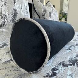 Black Bolster Cushion, Velvet Pillow - Marble Piping, Decorative Bed Cushion Bedding Decor Handmade