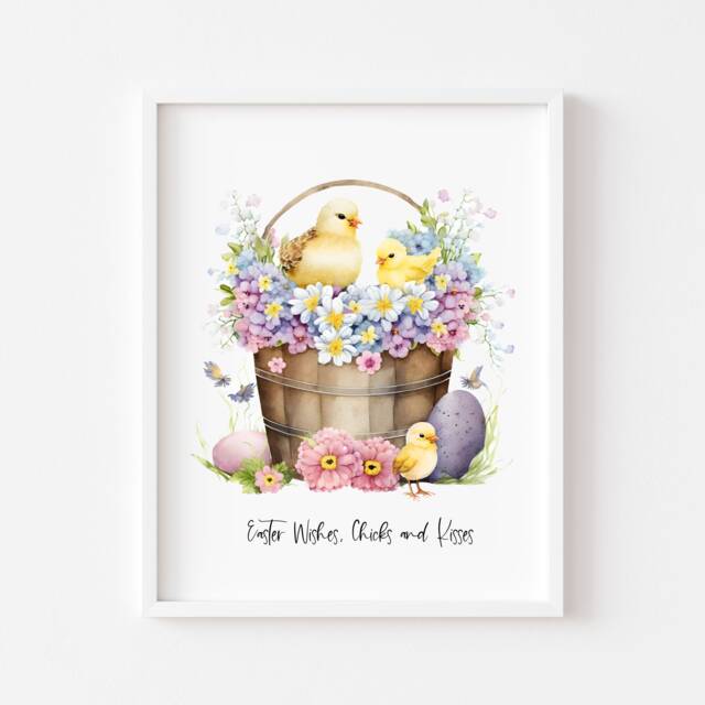 Easter Chicks Floral Art Print, Spring Seasonal Illustration - Unframed - image 1