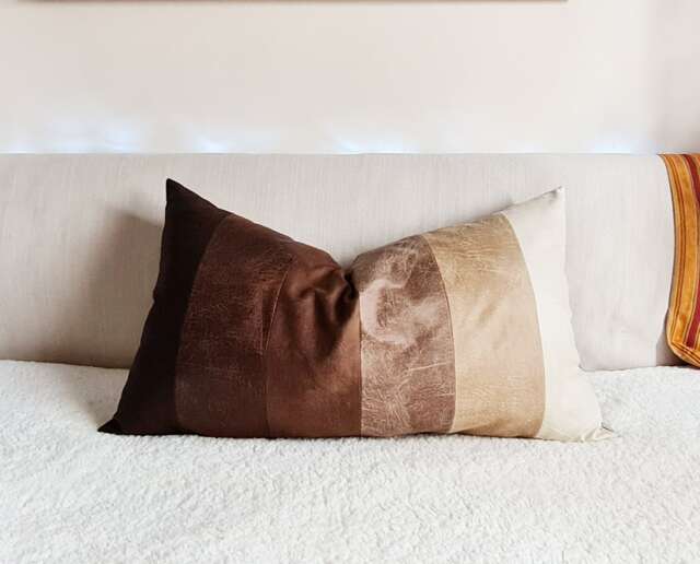Brown Vegan Leather Pillow Cover King Size Pieced Lumbar, Scandinavian Style - image 1